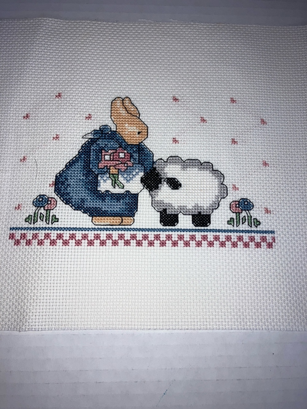 Hand Crafted Cross Storch Bunny & Lamb Hearts Flowers Art in Blue and White 8x10